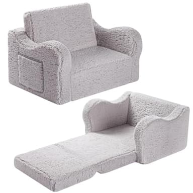 MOMCAYWEX Kids Chairs for Toddler, 2-in-1 Toddler Soft Sherpa Couch Fold Out, Convertible Sofa to Lounger for Girls and Boys, Grey - Image 1