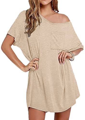 Ekouaer Womens Tshirt Nightgown Cotton V Neck Sleepshirts Comfy Casual Nightshirt for Women, Khaki, X-Large - Image 1