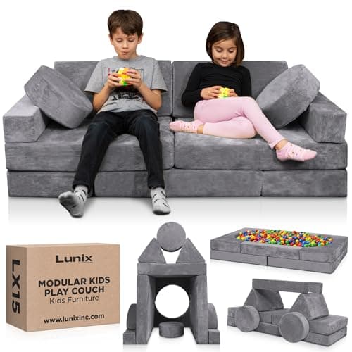 Lunix LX15 14pcs Modular Kids Play Couch, Child Sectional Sofa, Fortplay Bedroom and Playroom Furniture for Toddlers, Convertible Foam and Floor Cushion for Boys and Girls, Steel Gray - Image 1