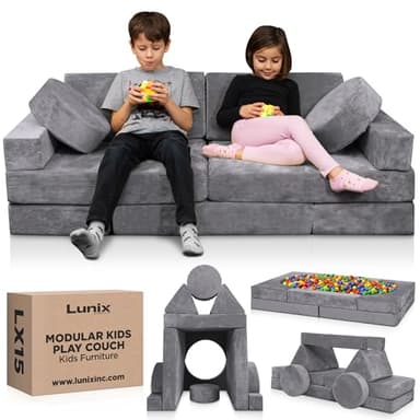 Lunix LX15 14pcs Modular Kids Play Couch, Child Sectional Sofa, Fortplay Bedroom and Playroom Furniture for Toddlers, Convertible Foam and Floor Cushion for Boys and Girls, Steel Gray - Image 1