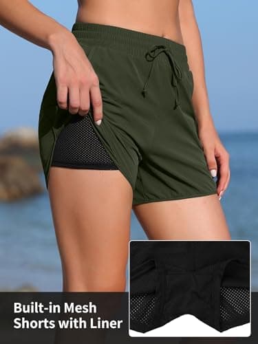 ATTRACO Board Shorts for Women Mesh Side Swim Shorts High Waist Water Shorts Drawstring Dark Green L - Image 3