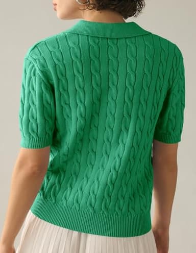 Imily Bela Women's Cable Short Sleeve Sweaters Tops Solid Lapel V Neck Knit Casual Soft Pullover Shirt Z-Green - Image 3