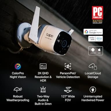 Tapo TP-Link ColorPro Wi-Fi Outdoor Camera | Plug-in | Daylight Clarity at Night | 2K QHD | Person/Pet/Vehicle Detection | Local/Cloud Storage | 127° FOV | Built-in Siren C325WB - Image 2
