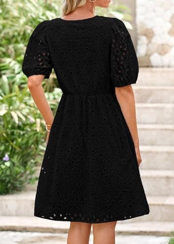 KIRUNDO Eyelet Summer Dresses for Women 2025 Short Sleeve Tie Front Babydoll A Line Wedding Guest Beach Vacation Sundress(Black, X-Large) - Image 3