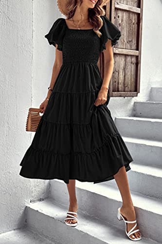 PRETTYGARDEN Women's Casual Summer Midi Dress Puffy Short Sleeve Square Neck Smocked Tiered Ruffle Dresses (Black,Medium) - Image 6