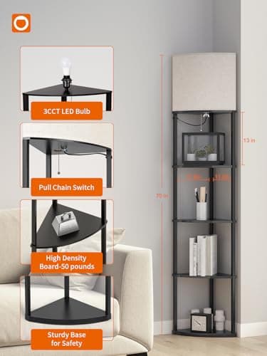 addlon Floor Lamp with Shelves, 5-Tier Adjustable Corner Lamp with 3 Color Temperatures & Linen Shade, Modern Floor Lamps for Living Room, Home Office & Bedroom (E26 LED Bulb Included, 800lm) - Black - Image 6