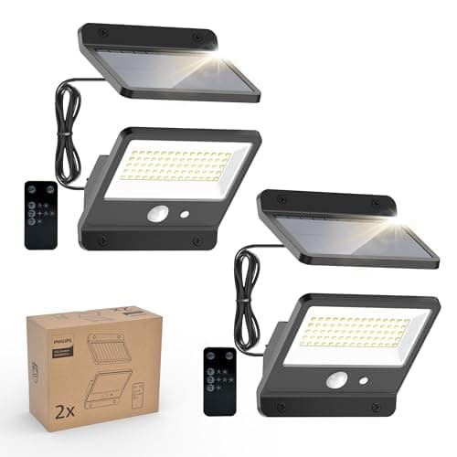 Philips Solar Security Light Outdoor LED 6500K, Solar-Powered Flood Light w/PIR Motion Sensor, Remote Control w/16ft Cable, IP65 Waterproof, 3 Modes (2) - Image 1
