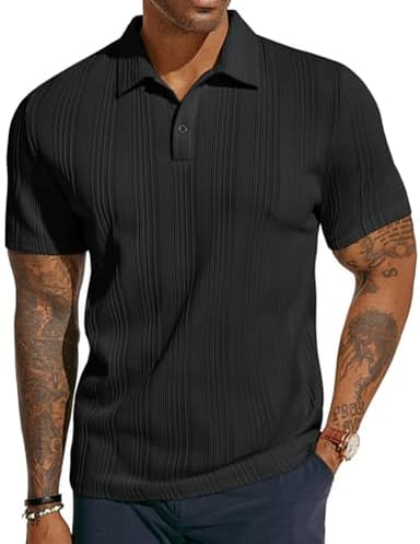 PJ PAUL JONES Mens Short Sleeve Polo Shirts Lightweight Textured Polo Shirts for Summer Black - Image 1
