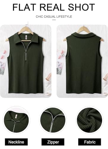 NORACORA Women's Summer Sleeveless Tops V Neck Collared Shirts Dressy Casual Striped Ribbed Tank Top with Half-Zipper Loose Fit Tunic Tops Army Green - Image 2