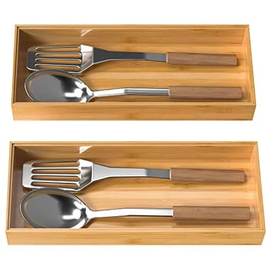 VeyFey Bamboo Drawer Organizer, Stackable Utensil Organizer for Kitchen, Bamboo Storage Box Wood Silverware Tray for Drawer 15" x 6" x 2" Set of 2 - Image 7