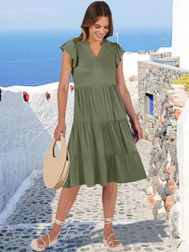 ANRABESS Womens Summer Dress Ruffle Sleeve V Neck Midi Dresses Fashion Casual Fit Flowy Tiered Boho Beach Vacation Sundress Olive-XL - Image 4