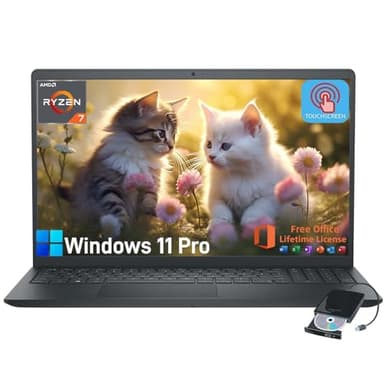 Dell Inspiron 15.6" Touchscreen Laptop - Business & Student Laptop Computer, with Office Lifetime & Win 11 Pro, AMD Ryzen 7 7730U, External DVD Drive, WVA LED FHD Anti-Glare Display, 64GB RAM, 2TB SSD - Image 1