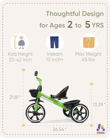 KRIDDO Tricycles Age 24 Month to 4 Years, Toddler Kids Trike for 2.5 to 5 Year Old, Gift for 2-4 Year Olds , Green - Image 3