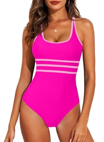 Aleumdr One Piece for Women Athletic Bathing Suit Stripe Color Tummy Control Swimsuit Cheeky High Cut Bathing Suits Hot Pink Medium - Image 1