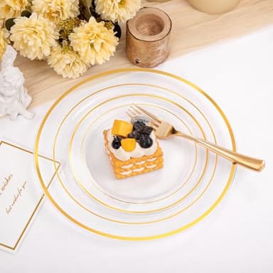 200 Pcs Clear Gold Plastic Plates - Disposable Party Plates, Gold Plate Disposable Include 100 Dinner Plate and 100 Dessert Plate, Plastic Plate for Party, Holiday, Wedding & Birthday - Image 3
