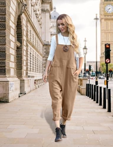 YESNO Women Long Casual Loose Bib Pants Overalls Baggy Rompers Jumpsuits with Pockets (S PV9 Camel) - Image 3
