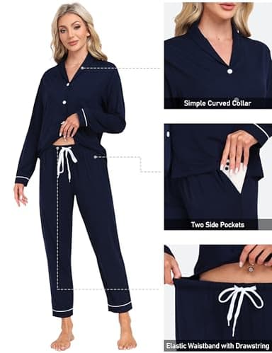 Womens Pajama Sets Long Sleeve Button Down Sleepwear 2 Piece Soft Pjs Nightwear Comfy Pj Set with Pockets Navy Blue S - Image 5