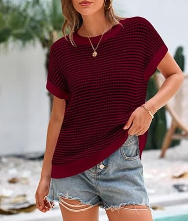 PRETTYGARDEN Womens Short Sleeve Sweater Spring Summer 2025 Round Neck Striped Pullover Cap Sleeve Knit Sweater Vest Tops(Wine Red,Small) - Image 7