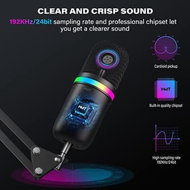 WMT USB Microphone with Boom Arm, Condenser Gaming Mic for PC/MAC/PS4/PS5, with Brilliant RGB Lighting Headphone Output Volume Control, Mute Button, Pop Filter, for Streaming Podcast YouTube Discord - Image 5