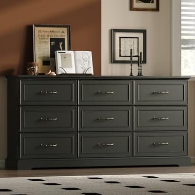 Farmhouse 9 Drawers Dresser for Bedroom, 63" Wide Modern Chest of Drawers with Deep Drawers & Bar Handles, Rustic Wood Dresser TV Stand, Wooden Closet Storage Organizer for Living Room, Hallway, Black - Image 1