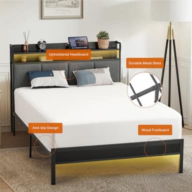 Z-hom Twin Bed Frames, Upholstered Upgraded Metal Bed Frame with LED Lights Headboard & Footboard, Bed Furniture with Charging Station Ports & Storage Shelves, Easy Assembly Bed Frame, Noise Free - Image 6