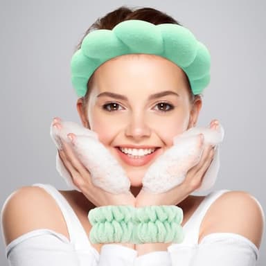 Zkptops Spa Headband for Washing Face Wristband Set Sponge Makeup Skincare Headband Wrist Towels Bubble Soft Hairband for Women Puffy Headwear Winter Non Slip Thick Thin Hair Accessory(Light Green-3) - Image 2