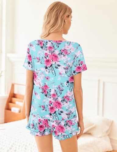 Ekouaer Womens Pajamas Short Sleeve Lounge Set Crew Neck Tops and Ruffle Shorts Pj Sets Soft Sleepwear with Pockets Blue Rose Print,Large - Image 2