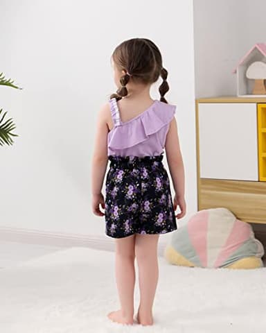 DISAUR Girls Summer Clothes Baby Purple t-Shirt+ Purple Flower Printed Black Shorts Toddler Spring Clothes 12-18 Months 1t - Image 4