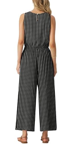GRECERELLE 2 Piece Sets Summer Resort Wear for Women 2025 Sleeveless Crop Top Wide Leg Pants Sweat Set for Women Black Stripe-L - Image 3