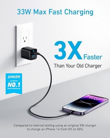 Anker USB C Charger Block, 33W 2 Port Compact Charger with Foldable Plug for iPhone 17/16 Series, Galaxy, and More (Cable Not Included, Black) - Image 2