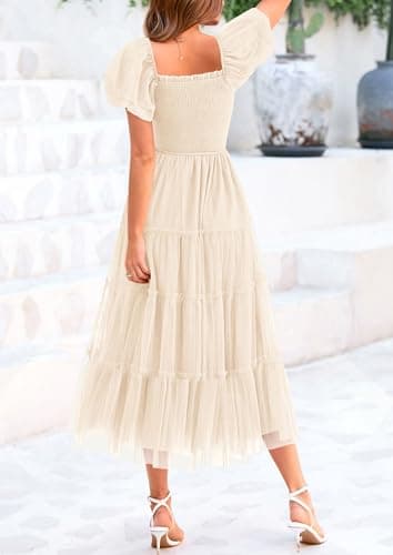 PRETTYGARDEN Women's Smocked Midi Tulle Dress 2025 Summer Puffy Short Sleeve Square Neck Ruffle Wedding Guest Party Dresses (Beige,Small) - Image 2