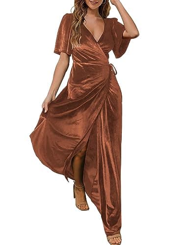 CYiNu Women's Wrap Velvet Maxi Dress V Neck Bell Sleeve Split Elegant Cocktail Party Dress(Brown,L) - Image 2