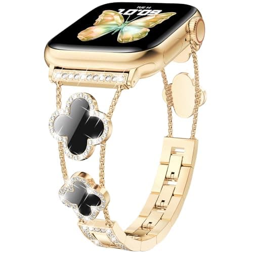 CTYBB Bling Diamond Band Compatible with Apple Watch Bands for Women 40mm 41mm 38mm 42mm Series 11 10 9 8 7 6 5 4 SE 3 2 1, Sparkle Metal Bracelet Wristband, Cute Lucky Clover Dressy iWatch Band,Gold/Black - Image 1