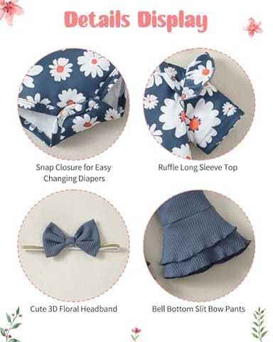 SUNNY PIGGY Baby Girl Clothes Ruffle Short Sleeve Romper Long Pants Set with Headband Newborn Infant Outfits Blue 0-3M - Image 4