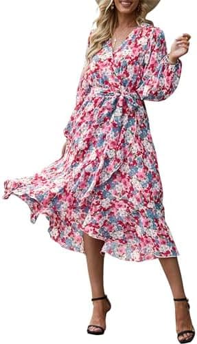 PRETTYGARDEN Women's Floral Boho Dress Fall Long Sleeve Wrap V Neck Ruffle Flowy Maxi Spring Wedding Guest Vacation Dresses - Image 3
