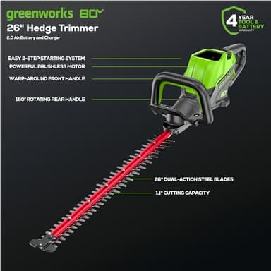 Greenworks 80V Cordless Hedge Trimmer, 26-Inch Brushless Motor, Lightweight Battery-Powered Trimmer with 2.0Ah Battery & 2A Charger Included – Quiet, Eco-Friendly Yard Tool for Professional & Home Use - Image 2
