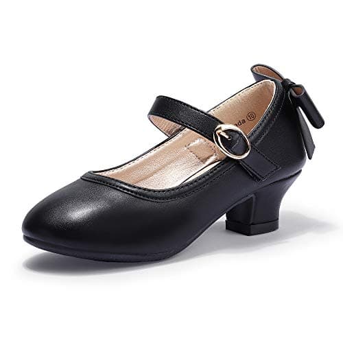 PANDANINJIA Girls Toddler/Little Kid Jada Dress Mary Jane Pumps with Heels Bow Party Wedding Princess Shoes (Black Pu, 12 M US Little Kid) - Image 1