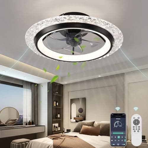 KINDLOV Modern Ceiling Fans with Lights, 19.7" Flush Mount Ceiling Fan with Dimmable Light and Remote,6-Speed Wind for Bedroom,Living Room,Low Profile Ceiling Fan with Light,Black - Image 1