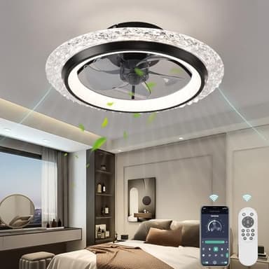 KINDLOV Modern Ceiling Fans with Lights, 19.7" Flush Mount Ceiling Fan with Dimmable Light and Remote,6-Speed Wind for Bedroom,Living Room,Low Profile Ceiling Fan with Light,Black - Image 1