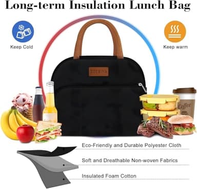 Coobiiya Lunch Box Lunch Bag for Women Adults Men, Reusable Cute Lunch Pail bag - Leakproof, Insulated Lunch Box Tote with Large Capacity, Cooler Lunch Container for Work/Travel/Office (Black) - Image 6