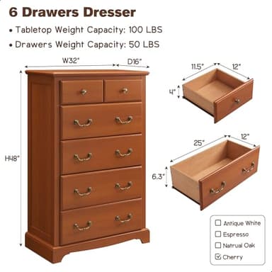 T4TREAM 6 Drawers Dresser Chests for Bedroom, 48" Tall Rustic Chset of Drawers, Wood Dressers Organizer for Bedroom, Living Room,Hallway, Cherry - Image 2