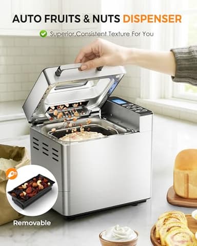 EUHOMY Bread Maker Machine 13 Program 2LB Bread Maker, Bread Machine with 3 Loaf Sizes and 3 Crust Colors, Breadmaker with Fruit & Nut Dispenser,Ideal for Family Gifts, Gluten Free - Image 6