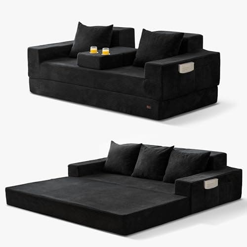 MAXYOYO Sofa Bed, 4 in 1 Foldable Floor Sofa Couch in A Box with 2 Cup Holders, Convertible 3 Seater Boneless Couch Folding Recliner Sleeper Chair for Living Room, No Assembly Required, Black - Image 1