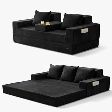 MAXYOYO Sofa Bed, 4 in 1 Foldable Floor Sofa Couch in A Box with 2 Cup Holders, Convertible 3 Seater Boneless Couch Folding Recliner Sleeper Chair for Living Room, No Assembly Required, Black - Image 1
