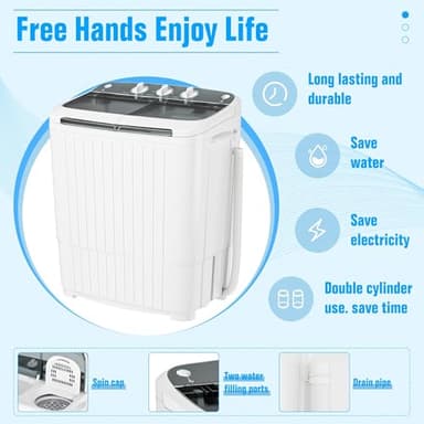 SUNCROWN Portable Washing Machine 16lbs, Compact Twin Tub Semi Automatic Washer, Energy-Saving Mini Laundry Combo with Extended Drain Hose & Pump for Dorms, Apartments, RV, White+Black - Image 8