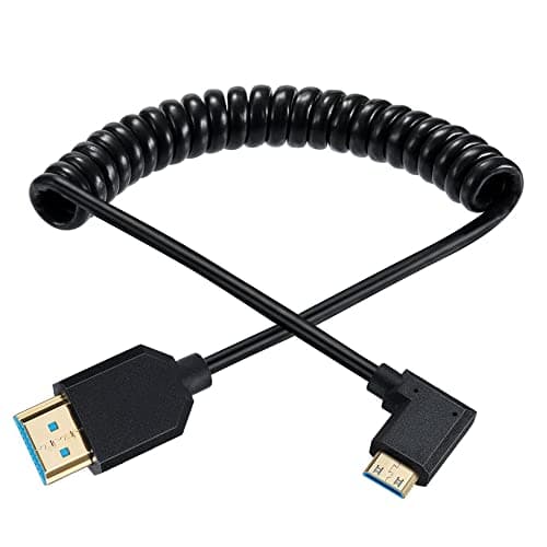 Qaoquda Mini HDMI to HDMI Coiled Cable, 90 Degree Angle 8K Mini HDMI Male to HDMI Male Spring Cord 2.1V 8K@60Hz 4K@120Hz for Tablet Graphics/Video Card, Laptop, and More (1.2M/4FT) (Left Angle) - Image 1