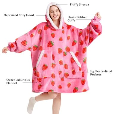 Kipswiza Strawberry Wearable Blanket Hoodie - Soft Cozy Sherpa Fleece Oversized Hooded Blankets Sweatshirt Birthday Gifts for Women Girls Mom Sisters - Image 2