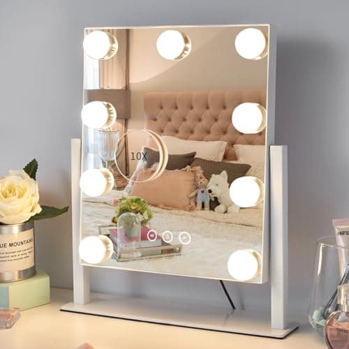 Kotdning Vanity Mirror with Lights,Lighted Vanity Mirror with 9 Dimmable Bulbs for Dressing Room & Bedroom,3 Color Lighting,Modes Detachable 10x Magnification 360°Ratation(White) 12" L x 14.4" W - Image 1