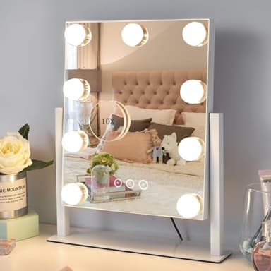 Kotdning Vanity Mirror with Lights,Lighted Vanity Mirror with 9 Dimmable Bulbs for Dressing Room & Bedroom,3 Color Lighting,Modes Detachable 10x Magnification 360°Ratation(White) 12" L x 14.4" W - Image 1