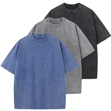 3 Pcs Oversized Heavy Cotton Summer T-Shirts Vintage Unisex Short Sleeves Casual Loose Basic Tops(A-Blue+Grey+Black L) - Image 1